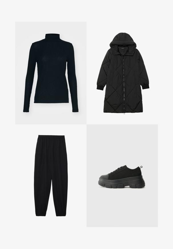 Melnas quiltētas pūkara mētelis ar kapuci, ar rāvējslēdzēja aizdari, sānu kabatām un elastīgām aprocēm. Gluda, ūdensizturīga auduma.; Melna, garām piedurknēm turtleneck krekls, kas izgatavots no ribots auduma, ar pieguļošu dizainu un augstu apkakli. Gluda tekstūra ar smalku spīdumu.; Melnas, vieglas bikses ar elastīgu jostu un savilktiem potītiem. Audums ir gluds un to raksturo brīva, sašaurināta forma.; Melnas kedas ar masīvu gumijas zoli, teksturētu auduma augšdaļu, apaļu purngalu un saistīšanas dizainu. Iekļautas pastiprinātas acs atveres un aizmugurējais cilpiņas siksniņa.