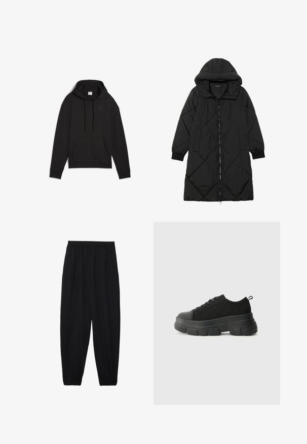 Svart vadderad jacka med huva, med dragkedja, sidofickor och elastiska ärmslut. Slät, vattenavvisande tyg.; Svart huvtröja i mjukt material, med en känguruficka, dragsko i huvan och en liten logotyp på bröstet.; Svarta, lätta byxor med elastisk midja och samlade ankleder. Tyget är slätt och har en avslappnad, avsmalnande design.; Svarta sneakers med en kraftig gummisula, texturerad tygöverdel, rund tå och snörning. Har förstärkta öglor och dragflik bak.