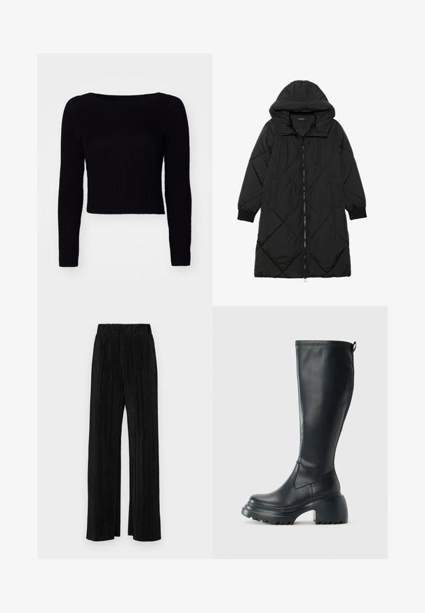 Schwarze, gesteppten Puffermantel mit Kapuze, ausgestattet mit einem Reißverschluss, seitlichen Taschen und elastischen Bündchen. Glattes, wasserabweisendes Material.; Schwarzer, langärmliger Strickpulli mit gerippter Textur und weit ausgeschnittenem Halsausschnitt; cropped Länge mit subtilen Stichdetails an den Ärmeln.; Schwarze plissierte Hose mit elastischem Bund. Verfügt über weite Hosenbeine und einen glatten, strukturierten Stoff mit vertikalen Streifen.; Hoher schwarzer Lederstiefel mit einer robusten Plateausohle und Blockabsatz, der über eine Zuglasche und ein strukturiertes Profil an der Außensohle verfügt.