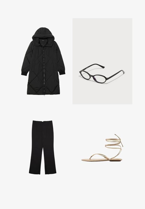 Sort quiltet pufferjakke med hætte, med lynlåslukning, sidelommer og elastiske manchetter. Glat, vandafvisende stof.; Sort kortærmet top lavet af glat stof; har en draperet halsudskæring og en asymmetrisk kant, med en tætsiddende pasform.; Sorte bukser med lige pasform, der har frontlommer og slidser i kanten. Lavet af blødt, glat stof. Velegnet til forskellige anledninger.; Guld flad sandal med tynde, spiralsnore omkring anklen, åben tå design og en minimalistisk sål. Har en glat, metallisk finish.; Sorte ovale briller med gennemskinnelige lilla accenter på linserne. Rammen har en mat finish og slanke, lige stænger.