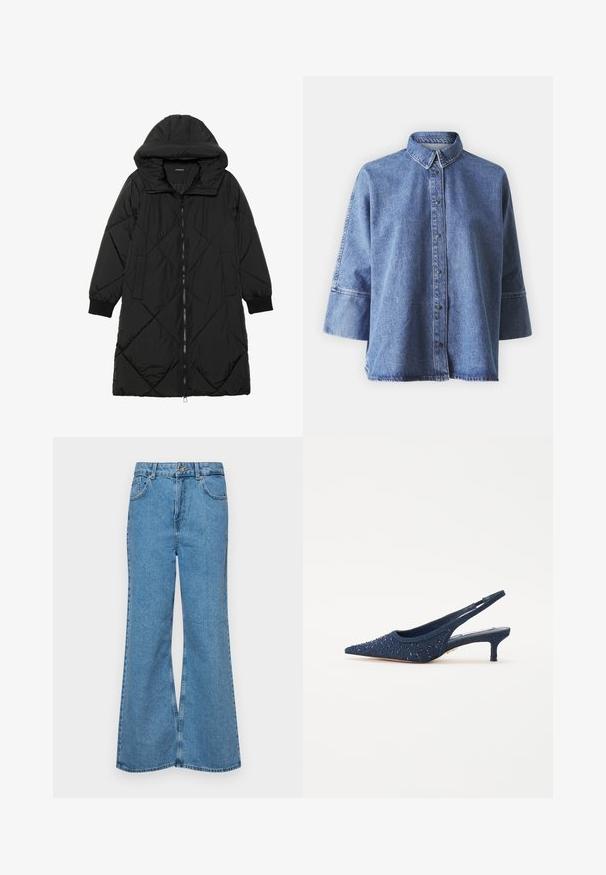 Černá prošívaná péřová bunda s kapucí, vybavená zipovým zapínáním, bočními kapsami a elastickými manžetami. Hladká, voděodolná tkanina.; Džínová košile v světle modré barvě s dlouhými rukávy, špičatým límcem, předními knoflíky a volným střihem. Vyrobena z měkkého džínového materiálu.; Světle modré rozšířené džíny z denimu, se zvýšeným pasem, pěti kapsami a jedním knoflíkem na zapínání. Měkký povrch s vybledlým vzhledem.; Námořnické modré sandály s překrytím a špičatou špičkou, ozdobené modrými korálky a texturovaným svrškem; mají nízký blokový podpatek.