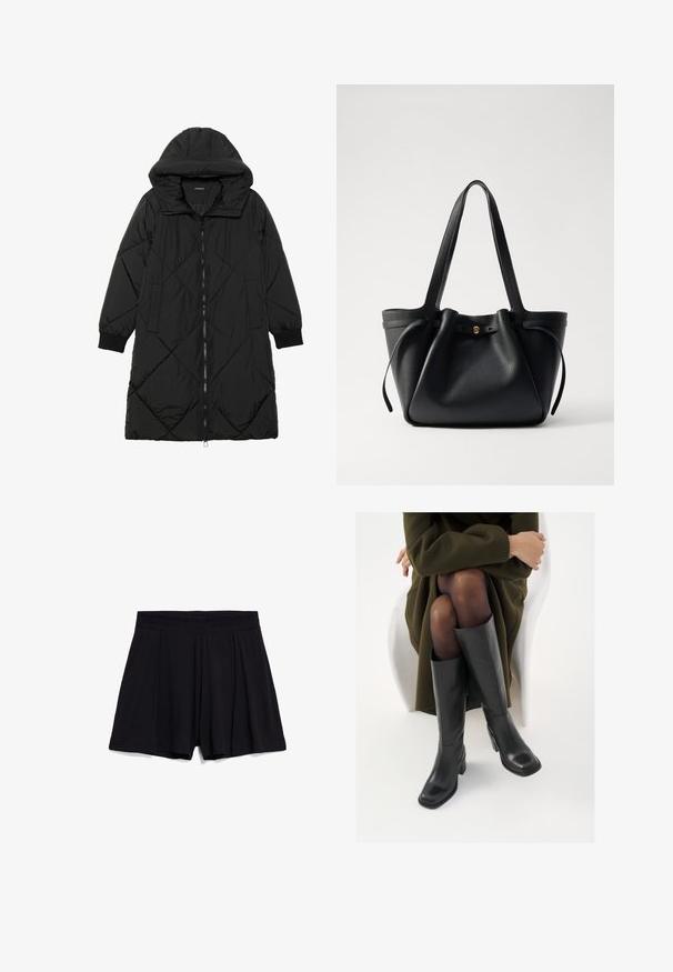 Schwarze, gesteppten Puffermantel mit Kapuze, ausgestattet mit einem Reißverschluss, seitlichen Taschen und elastischen Bündchen. Glattes, wasserabweisendes Material.; Kurzärmliges schwarzes Hemd mit Knopfleiste und klassischem Kragen, aus einem glatten Stoff gefertigt, mit geradem Schnitt und minimalistischem Design.; Schwarze Baumwollshorts mit einem gefalteten Design, elastischem Bund und glatter Textur. Keine Taschen oder zusätzlichen Hardware-Details sichtbar.; Knöchelhöhe schwarze Lederstiefel mit quadrater Spitze und Blockabsatz, gezeigt mit einem Modell, das einen olivgrünen Mantel trägt. Glatte Textur, minimale Details.; Schwarze Leder-Tote mit zwei langen Tragegriffen, einem gerafften oberen Teil und einem goldenen runden Akzent. Glatte Textur mit minimalistischem Design.