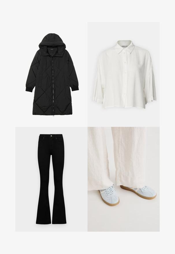 Must-havesinise mustris quiltitudis puffer jakk, millel on kapuuts, tõmblukk, küljetaskud ja elastsed varrukad. Sile, veekindel kangas.; Valge lühikeste varrukatega pluus, millel on kaelusekujuline kaelus, nööbid ees ja mugav lõige, valmistatud kergest ja siledast kangast.; Mustad kõrge vöökohtadega teksad, millel on nööp ja lukuga sulgemine, esikäe taskud ja laienevad sääred, asetatud tasasele valgele taustale.; Heledad sinine sametist sneakers valgete detailidega, ümar nina ja lapik kummitald, koos kreemikas värvi laia linased pükstega.