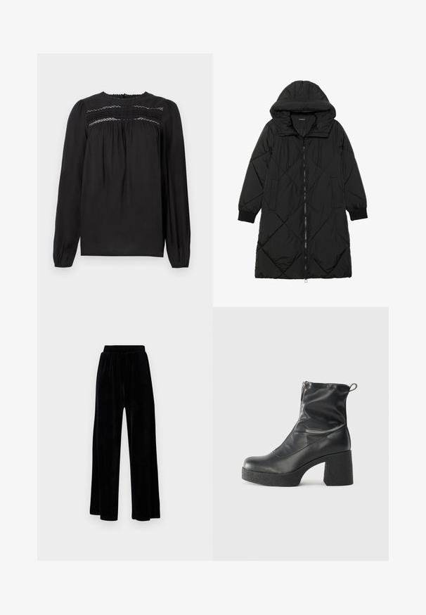 Must-havesinise mustris quiltitudis puffer jakk, millel on kapuuts, tõmblukk, küljetaskud ja elastsed varrukad. Sile, veekindel kangas.; Must muströöpide ja kogutud kangaga must pikkade varrukatega pluus, ümar kaelus. Sile tekstuur.; Mustad laiad püksid, mis on valmistatud pehmest sametist, elastse vöökoha ja siledaga, ilma nähtavate detailide või mustriteta.; Mustad mustad ansapüksid, mis on valmistatud siledast nahast, külje zipperiga, paksu tekstuuriga kontsaga ja ümmarguse nina disainiga.