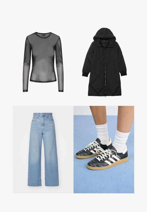 Melnas quiltētas pūkara mētelis ar kapuci, ar rāvējslēdzēja aizdari, sānu kabatām un elastīgām aprocēm. Gluda, ūdensizturīga auduma.; Melna, garām piedurknēm tīkliņa topi ar apaļu kakla izgriezumu, izgatavots no caurspīdīga auduma un pieguļošas formas. Malas pabeigtas ar melnu šuvi.; Gaiši zili augstās jostas vidukļa platās bikses ar priekšējo pogu un rāvējslēdzēju, priekšējām un aizmugurējām kabatām uz baltā fona.; Melnas ādas sporta apavus ar baltām svītrām, apaļu purngalu, baltām auklām un gumijas zoli. Izceļas ar mīksto apkakli un zīmola detaļām.