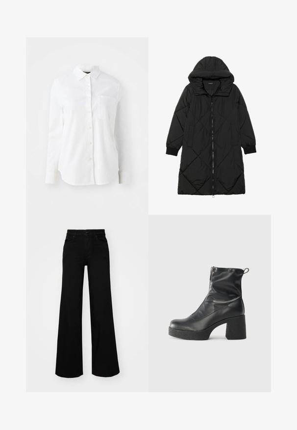Čierna prešívaná páperová bunda s kapucňou, so zipsom, bočnými vreckami a elastickými manžetami. Hladká, vodeodolná tkanina.; Biela košeľa s dlhým rukávom na gombíky vyrobená z tkaniny s jemnou textúrou, s klasickým golierom a jednou vreckom na hrudi.; Čierne široké nohavice z denimu s pevným pásom, pútkami na opasok a prednými vreckami. Hladká štruktúra s klasickým dizajnom.; Čierne členkové topánky z hladkej kože, so bočným zipsom, robustnou textúrovanou pätnou časťou a zaobleným dizajnom špičky.