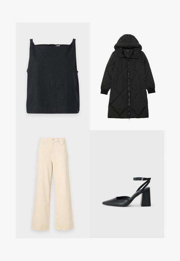 Geacă puffer neagră, matlasată, cu glugă, având închidere cu fermoar, buzunare laterale și manșete elastice. Material neted, rezistent la apă.; Un top negru, fără mâneci, fabricat dintr-un material ușor. Design pătrățos, cu guler rotund și bretele înguste. Textură netedă, detalii minime.; Blugi bej cu croi larg, din bumbac. Au închidere cu nasture, bucle pentru curea și buzunare frontale, cu o textură netedă și moale.; Pantofii cu toc ascuțit din piele neagră, cu breteaua pentru glezne și toc gros. Textură netedă, design elegant și estetică minimală.