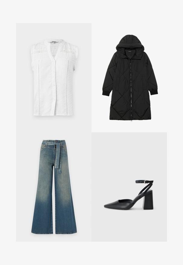 Cappotto imbottito nero trapuntato con cappuccio, caratterizzato da chiusura con zip, tasche laterali e polsini elastici. Tessuto liscio e resistente all'acqua.; Blusa bianca senza maniche con bottoni frontali, tessuto testurizzato, dettagli in pizzo e spalle fruscio. Presenta un colletto classico e pattern delicati.; Pantaloni in denim a gamba larga con una sfumatura che va dal blu chiaro al blu scuro, vita alta, passanti per cintura e una cintura in tessuto coordinato. Finitura in denim strutturato.; Pump in pelle nera con punta affusolata, cinturino alla caviglia e tacco spesso. Texture piatta, design elegante ed estetica minimalista.