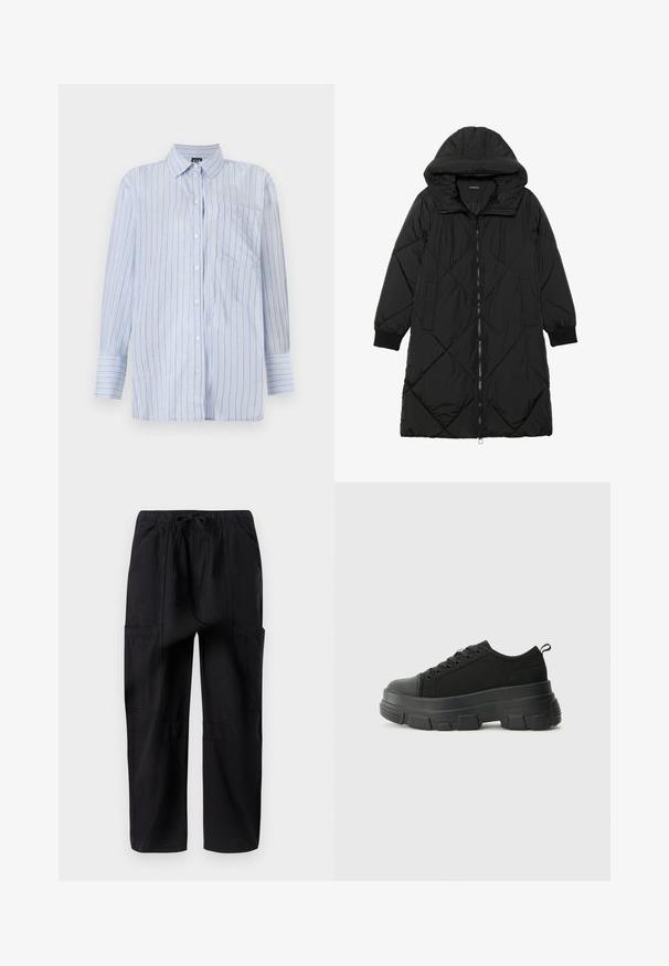 Casaco puffer acolchoado preto com capuz, apresentando um fecho de correr, bolsos laterais e punhos elásticos. Tecido suave e à prova d'água.; Camisa de botão azul riscada em algodão leve, com riscas verticais brancas e finas em dourado, um bolso no peito e mangas longas.; Calças cargo de algodão pretas com um corte solto, apresentando uma cintura elástica e vários bolsos laterais para uma maior utilidade.; Sneakers pretos com sola de borracha robusta, parte superior de tecido texturizado, bico redondo e design de atacadores. Apresenta ilhós reforçados e uma alça na parte posterior.