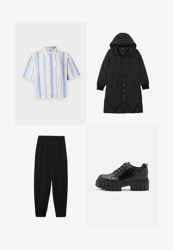 Casaco puffer acolchoado preto com capuz, apresentando um fecho de correr, bolsos laterais e punhos elásticos. Tecido suave e à prova d'água.; Camisa de botão de mangas curtas em branco com riscas verticais azuis. Apresenta um colarinho e um bolso no peito, feita de um tecido leve.; Calças pretas, leves, com um cinto elástico e punhos franzidos. O tecido é suave e apresenta um design relaxado e afunilado.; Sapatos de plataforma em couro preto com um salto bloco robusto, bico redondo e design clássico de atacadores. Apresentam uma textura suave e detalhes mínimos.