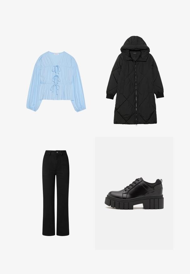 Svart quiltet puffjakke med hette, med glidelås, sidelommer og elastiske mansjetter. Glatt, vannavvisende stoff.; Lyseblå langermet bluse laget av mykt stoff, med V-hals, snøring og rynket midje for en avslappet passform.; Sorte, høy midje bukser med rett ben-design, laget av glatt bomullsstoff. Har frontlommer og en enkel metalldeksel.; Svarte lærplattformsko med kraftig blokkhell, rund tå og tradisjonell snøring. Har en jevn tekstur og minimal detaljering.