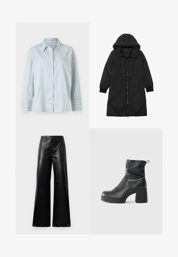 Črna prešita puffer jakna s kapuco, ki ima zadrgo, stranske žepe in elastične manšete. Gladek, vodoodporen material.; Svetlo modra in bela prugasta srajca z dolgimi rokavi, ki ima klasičen ovratnik in kontrastne prugaste manšete. Gladka tekstura tkanine.; Črne široke hlače iz umetnega usnja z visokim pasom, sprednjim gumbom, zadrgo, zanke za pas in stranskimi žepi na beli podlagi.; Črne gležnjarje iz gladke kože z božnim zadrgo, masivnim teksturiranim peto in zaobljeno obliko prstov.