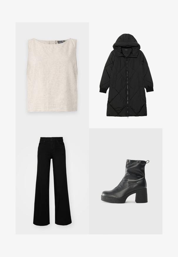 Čierna prešívaná páperová bunda s kapucňou, so zipsom, bočnými vreckami a elastickými manžetami. Hladká, vodeodolná tkanina.; Svetlo béžový, bezrukávový top vyrobený z ľanu. Má okrúhly výstrih a voľný strih. Jednoduchý dizajn bez viditeľných vzorov alebo kovania.; Čierne široké nohavice z denimu s pevným pásom, pútkami na opasok a prednými vreckami. Hladká štruktúra s klasickým dizajnom.; Čierne členkové topánky z hladkej kože, so bočným zipsom, robustnou textúrovanou pätnou časťou a zaobleným dizajnom špičky.