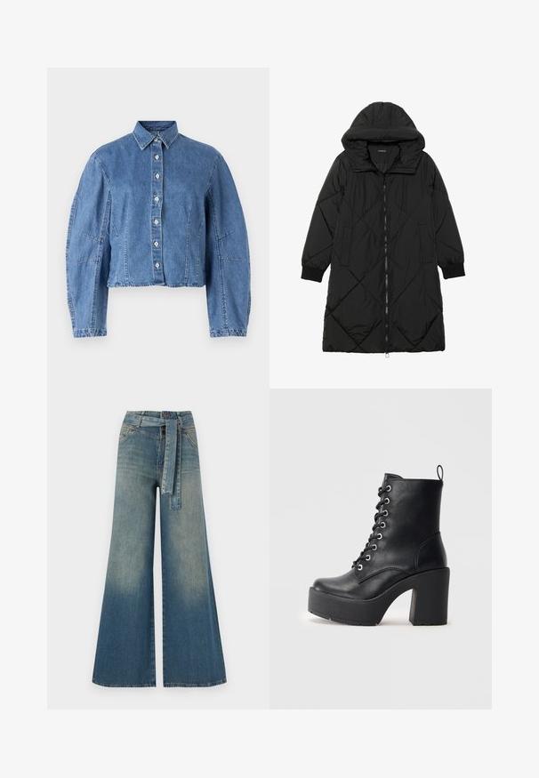 Crna tkanina sa štepom puffer kaput s kapuljačom, sa zatvaračem na zip, bočnim džepovima i elastičnim manžetama. Glatka, vodootporna tkanina.; Skraćena traper jakna u svijetloplavoj boji, sa dugmetima sprijeda, oštrim ovratnikom i napučenim rukavima s bočnim šavovima.; Široke traperice s gradijentom od svijetloplave do tamnoplave, visokog struka, petljama za remen i remenom od istog materijala. Teksturirana traper tkanina.; Crne kožne gležnjače s masivnom blok petom, vezanjem sprijeda i teksturiranom površinom. Imaju uzicu straga za lakše oblačenje.