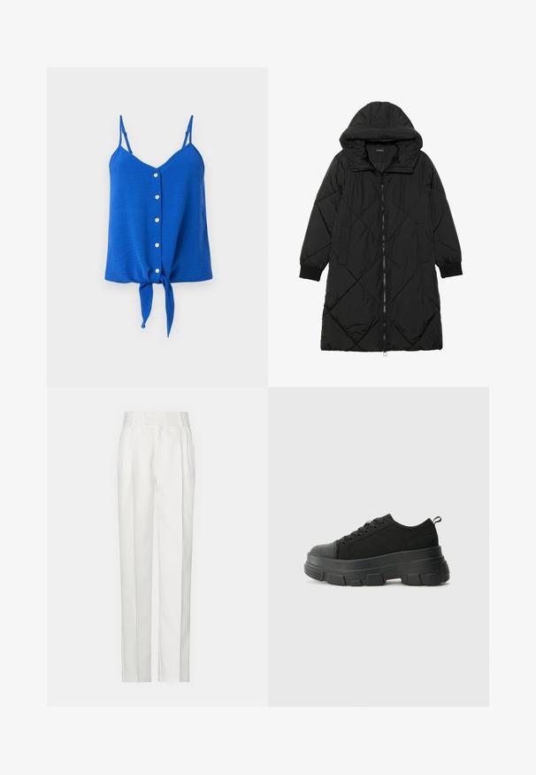 Must-havesinise mustris quiltitudis puffer jakk, millel on kapuuts, tõmblukk, küljetaskud ja elastsed varrukad. Sile, veekindel kangas.; Sinine ilmaülikonnaga särk v-kaelusega, kuue valge nööbiga esipoolel ja sõlmega ääres. Tekstureeritud kangas õhukeste rihmadega.; Valged triibulised püksid, sirgete jalgade disainiga, valmistatud kergest kangast. Ees on voldid ja traditsiooniline talje.; Mustad mustad mustikad, millel on tugev kummist põhi, tekstuuriga kangast pealis, ümar varvas ja seotud disain. Omab tugevdatud silmuseid ja tagumist tõmbeotsta.