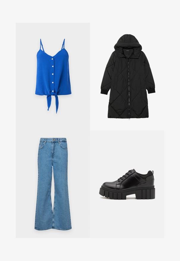 Čierna prešívaná páperová bunda s kapucňou, so zipsom, bočnými vreckami a elastickými manžetami. Hladká, vodeodolná tkanina.; Modrá top s vystrihom do V a bez rukávov, s šiestimi bielymi gombíkmi vpredu a viazaním na leme. Texturovaná látka s tenkými ramienkami.; Svetlomodré rozšírené džínsy vyrobené z denimu, s vysokým pásom, piatimi vreckami a jednopoložkovým zapínaním na gombík. Mäkká textúra s vyblednutým povrchom.; Čierne kožené platformy s masívnym blokovým podpätkom, okrúhlou špičkou a tradičným šnurovaním. Má hladký povrch a minimálne detaily.