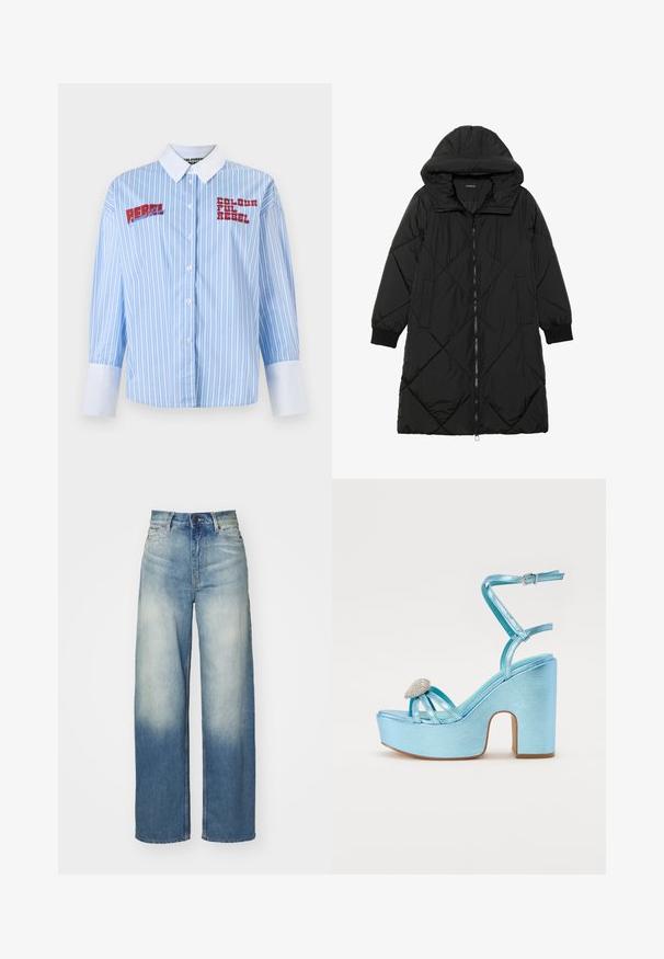 Black quilted puffer coat with a hood, featuring a zip closure, side pockets, and elastic cuffs. Smooth, water-resistant fabric.; Blue and white striped shirt with long sleeves, white collar, and two red embroidered texts: "REBEL" and "COLOURFUL REBEL."; Light blue wide-leg jeans with a high waist, made from denim, featuring a faded gradient, five pockets, and metal hardware accents.; Blue metallic platform sandals with a thick heel, featuring crisscross straps and a jeweled accent on the toe area.