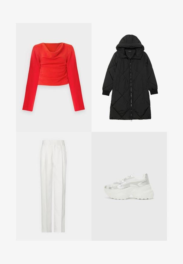 Svart quiltet puffjakke med hette, med glidelås, sidelommer og elastiske mansjetter. Glatt, vannavvisende stoff.; Rød langermet croppet topp med cowl-neck. Har teksturert stoff og rynker i midjen for en figurnær silhuett.; Hvite strikkede bukser med rette ben, laget av et lett stoff. Har folder foran og et tradisjonelt midjebånd.; Sølv sneakers med en teksturert mesh-overdel og iriserende aksenter, med en kraftig hvit såle og snørelukking.