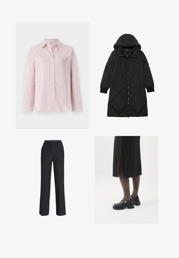 Svart quiltet puffjakke med hette, med glidelås, sidelommer og elastiske mansjetter. Glatt, vannavvisende stoff.; Langermet skjorte med knapper i lys rosa og mørkerøde striper, laget av mykt stoff med tradisjonell krage og mansjetter.; Sorte, høytlivsbukser med rett benpassform. Laget av et glatt stoff, med frontfold og sidelommer.; Sorte lærersko med rund tå, tykk blokkheel og elastiske sideaksenter, sammen med mørke strømpebukser og et svart skjørt med splitt.