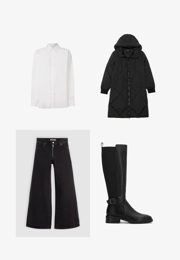 Crna tkanina sa štepom puffer kaput s kapuljačom, sa zatvaračem na zip, bočnim džepovima i elastičnim manžetama. Glatka, vodootporna tkanina.; Bijela košulja dugih rukava od pamuka. Ima ovratnik s gumbima, prednje gumbe i ravni rub. Suptilno brendiranje na prsima.; Široke traperice od crnog denima s prednjim zatvaračem, dizajnom s pet džepova i suptilnim detaljima šivanja. Glatka tekstura i ležeran stil.; Crne kožne čizme do koljena s glatkom završnom obradom, okruglim vrhom i ukrasnom kopčanom trakom na gležnju. Imaju nisku blok petu.
