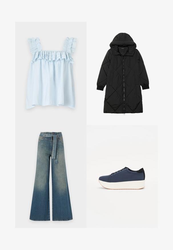 Black quilted puffer coat with a hood, featuring a zip closure, side pockets, and elastic cuffs. Smooth, water-resistant fabric.; Light blue sleeveless top with ruffled straps and gathered neckline. Made of lightweight fabric, features soft textures and a loose fit.; Wide-leg denim trousers featuring a light to dark blue gradient, high waist, belt loops, and a matching fabric belt. Textured denim finish.; Navy blue sneaker with a textured fabric upper, white platform sole, rounded toe, and black heel accent. Features six eyelets for laces.