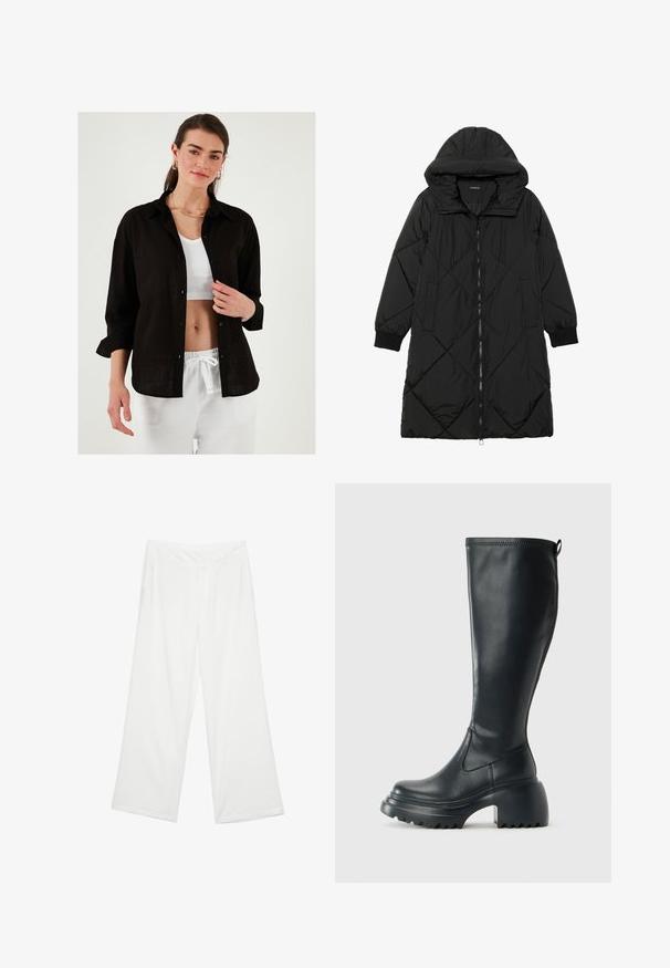Cappotto imbottito nero trapuntato con cappuccio, caratterizzato da chiusura con zip, tasche laterali e polsini elastici. Tessuto liscio e resistente all'acqua.; Maglietta nera in lino con vestibilità rilassata, patta con bottoni e maniche arrotolate, indossata sopra un top bianco a coste. Pantaloni bianchi con coulisse.; Pantaloni a gamba larga in tessuto bianco, con una texture liscia, tasche anteriori e una vita classica con passanti per la cintura.; Stivale lungo in pelle nera con suola piatta robusta e tacco a blocco, dotato di linguetta e battistrada testurizzato sulla suola.