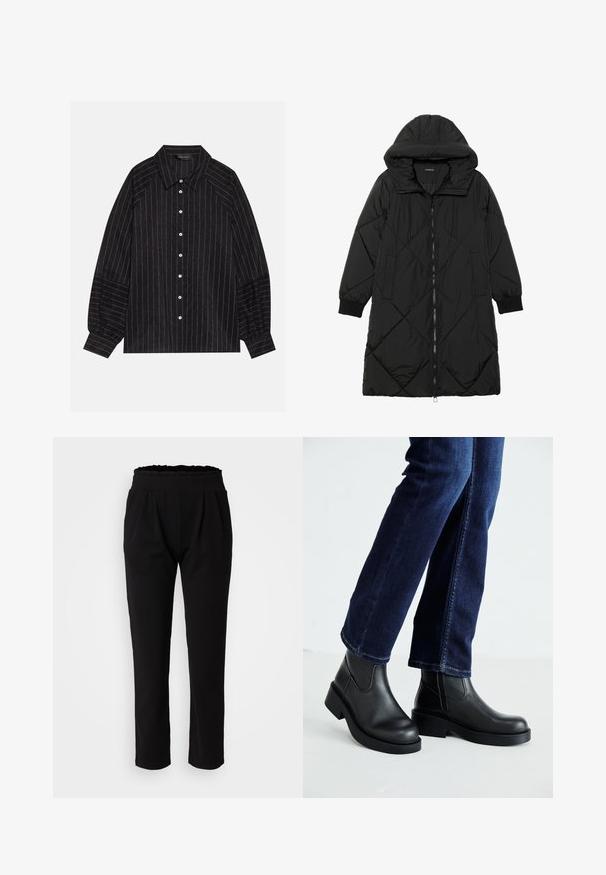 Črna prešita puffer jakna s kapuco, ki ima zadrgo, stranske žepe in elastične manšete. Gladek, vodoodporen material.; Črna srajca z gumbi, z belimi črtami, z nazobčanim ovratem, dolgimi rokavi in elastičnimi manšeti. Narejena iz teksturirane tkanine.; Črne hlače z visokim pasom in nabranim pasom, ki imajo gladko, elastično tkanino in ravno silhueto. Brez vidnih vzorcev.; Črne usnjene gležnjarje z debelim podplatom in stranskimi elastičnimi paneli, v kombinaciji s temno modrimi kavbojkami. Tla so svetle barve.