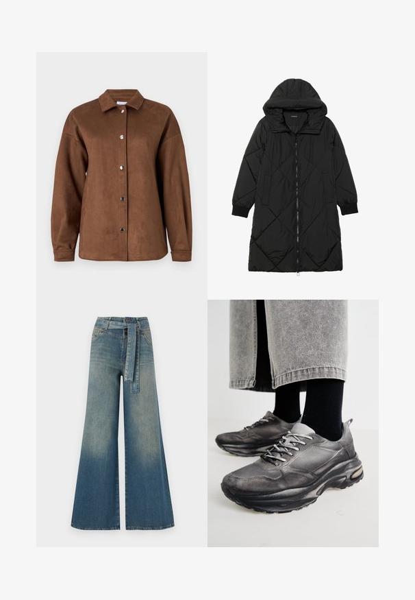 Schwarze, gesteppten Puffermantel mit Kapuze, ausgestattet mit einem Reißverschluss, seitlichen Taschen und elastischen Bündchen. Glattes, wasserabweisendes Material.; Braune Kunstwildleder-Hemdjacke mit Kragen, langen Ärmeln und Druckknopfverschlüssen. Glatte Textur und lässige Passform.; Weit geschnittene Denim-Hosen mit einem Farbverlauf von hellblau zu dunkelblau, hoher Taille, Gürtelschlaufen und einem passenden Stoffgürtel. Strukturierte Denim-Oberfläche.; Schwarze und graue Sportschuhe verfügen über ein Obermaterial aus Mesh, dicke Sohlen und Schnürsenkel. Sie haben eine abgerundete Zehenpartie und sichtbare Dämpfungsdetails.