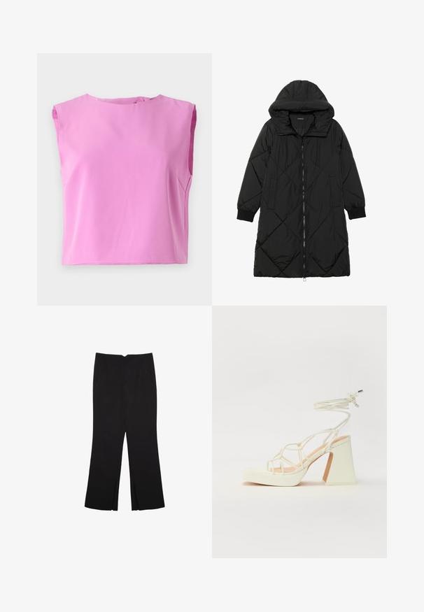 Čierna prešívaná páperová bunda s kapucňou, so zipsom, bočnými vreckami a elastickými manžetami. Hladká, vodeodolná tkanina.; Ružový bezrukávový top s okrúhlym výstrihom, hladkou textúrou a zapínaním na gombík na zadnej strane. Dizajn je štvorcového strihu a voľne priliehajúci.; Čierne nohavice so strihom rovného strihu, s prednými vreckami a bočnými rozparkami na leme. Vyrobené z mäkkej, hladkej tkaniny. Vhodné na rôzne príležitosti.; Biele sandále na vysokom opätku s hrubým podpätkom, s pruhovaným dizajnom a viazaním na členku. Hladký povrch s platformou vpredu pre zvýšenú výšku.
