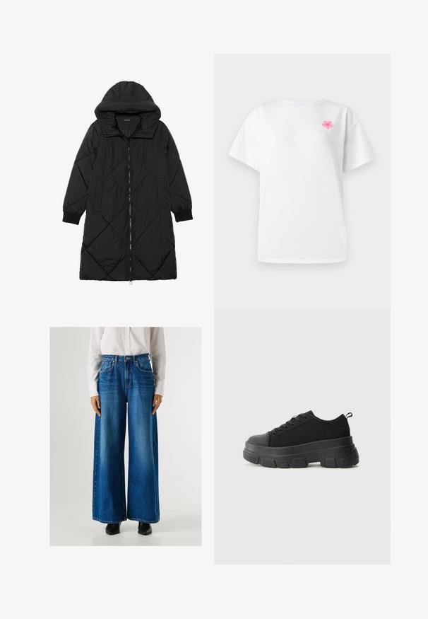 Černá prošívaná péřová bunda s kapucí, vybavená zipovým zapínáním, bočními kapsami a elastickými manžetami. Hladká, voděodolná tkanina.; Bílé tričko s krátkým rukávem vyrobené z bavlny, s kulatým výstřihem, na levé straně hrudníku s malým růžovým květinovým vzorem.; Modré široké džíny s vysokým pasem, vyrobené z denimu, s předními kapsami a uzávěrem na knoflík. Hladká textura s klasickým praním.; Černé tenisky s robustní gumovou podrážkou, vrchní část z texturované tkaniny, kulatá špička a šněrovací design. Obsahují zesílené okraje pro tkaničky a poutko na zadní straně.