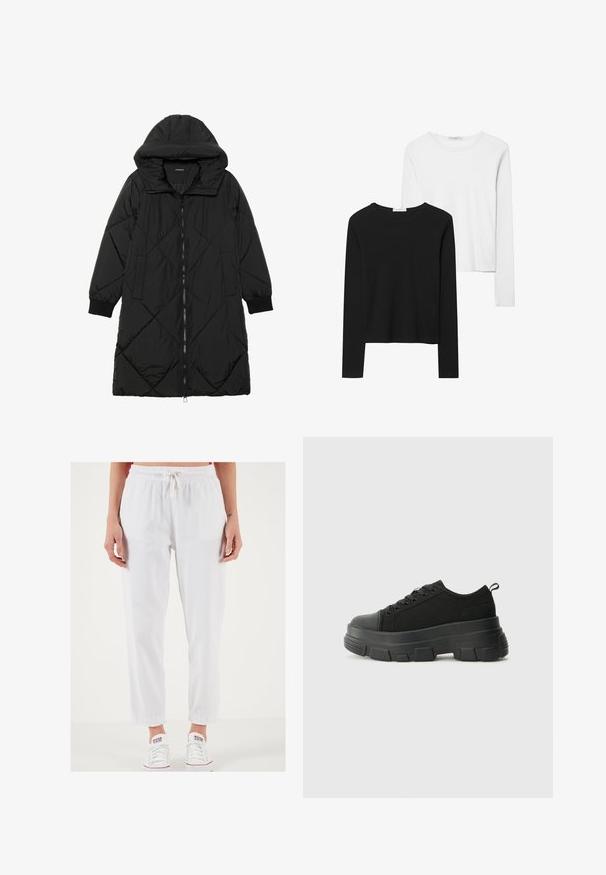 Manteau matelassé noir avec capuche, doté d'une fermeture éclair, de poches latérales et de poignets élastiques. Tissu lisse et résistant à l'eau.; T-shirts à manches longues noir et blanc, avec des encolures rondes, un tissu doux et un design ajusté avec des ourlets droits.; Pantalons en coton blanc à cordon de serrage avec une taille élastique, chevilles fuselées et texture légère. Associés à des baskets blanches.; Baskets noires avec une semelle en caoutchouc épaisse, un dessus en tissu texturé, un bout rond et un design à lacets. Présente des œillets renforcés et une languette à l'arrière.