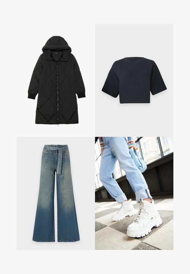 Crna tkanina sa štepom puffer kaput s kapuljačom, sa zatvaračem na zip, bočnim džepovima i elastičnim manžetama. Glatka, vodootporna tkanina.; Tamnoslijeđi skraćeni pleteni pulover s rebrastom teksturom, kratkim širokim rukavima i okruglim izrezom. Jednostavan dizajn, bez vidljivih uzoraka ili naglasaka.; Široke traperice s gradijentom od svijetloplave do tamnoplave, visokog struka, petljama za remen i remenom od istog materijala. Teksturirana traper tkanina.; Bijele chunky tenisice s debelim potplatima, vezanjem sprijeda i oznakom s brandom. Nosi se uz svijetloplave traperice s manžetama na uzorkovanom podu.