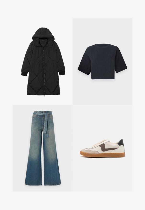 Cappotto imbottito nero trapuntato con cappuccio, caratterizzato da chiusura con zip, tasche laterali e polsini elastici. Tessuto liscio e resistente all'acqua.; Maglione cropped in nave blu scuro con texture a coste, maniche corte e ampie, e scollatura rotonda. Design semplice, senza motivi o accenti visibili.; Pantaloni in denim a gamba larga con una sfumatura che va dal blu chiaro al blu scuro, vita alta, passanti per cintura e una cintura in tessuto coordinato. Finitura in denim strutturato.; Sneaker con tomaia in pelle crema, con accento in suede marrone scuro, lacci beige e suola in gomma; design classico a profilo basso.