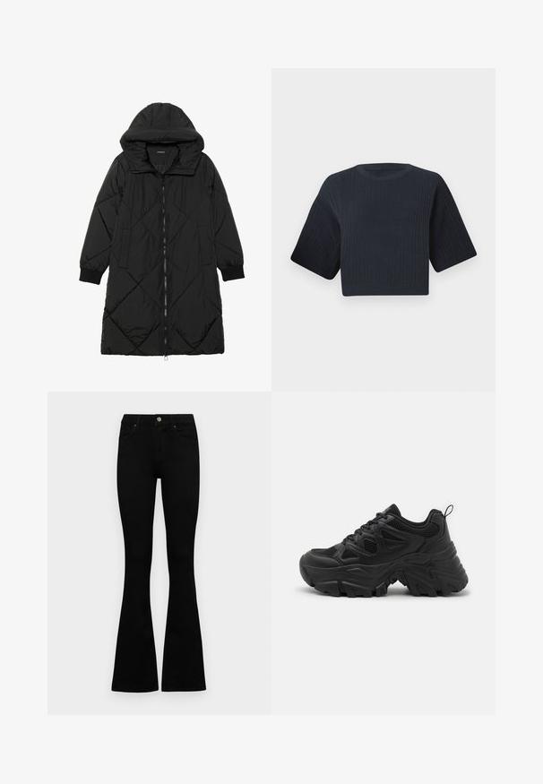 Black quilted puffer coat with a hood, featuring a zip closure, side pockets, and elastic cuffs. Smooth, water-resistant fabric.; Dark navy cropped knit sweater with ribbed texture, short wide sleeves, and a round neckline. Simple design, no visible patterns or accents.; Black high-waist jeans with a button and zip closure, front pockets, and flared legs laid flat on a white background.; Black athletic shoes with a textured mesh upper, curved rubber sole, and prominent tread pattern. Features integrated lacing and pull tab.