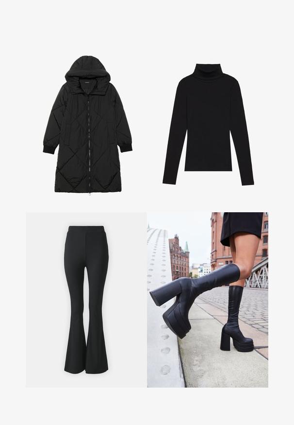 Casaco puffer acolchoado preto com capuz, apresentando um fecho de correr, bolsos laterais e punhos elásticos. Tecido suave e à prova d'água.; Top de gola alta de manga longa, preto, feito de tecido canelado, apresenta um design justo com um decote elevado e sem padrões ou detalhes.; Calças pretas de boca de sino feitas de tecido elástico. Apresentam uma cintura alta e um design suave e ajustado que se alarga a partir do joelho para baixo.; Botas de plataforma pretas até ao joelho, feitas de couro liso, com saltos quadrados espessos e um design elegante, em frente a um cenário urbano.