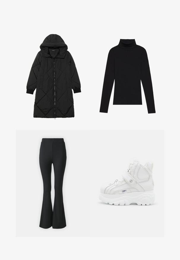 Svart quiltet puffjakke med hette, med glidelås, sidelommer og elastiske mansjetter. Glatt, vannavvisende stoff.; Svart høyhalset langermet topp, laget av ribbestrikket stoff, har en tettsittende design med høy hals og uten mønstre eller dekorasjoner.; Svarte vide bukser laget av elastisk stoff. Har høy midje og en glatt, tettsittende design som vidder ut fra kneet og nedover.; Hvite høyhælte sneakers laget av lær, med en spenne stropp, rund tå, tykk såle og vertikale søm detaljer.