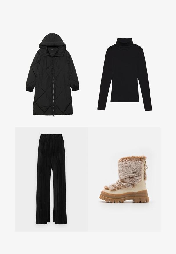 Melnas quiltētas pūkara mētelis ar kapuci, ar rāvējslēdzēja aizdari, sānu kabatām un elastīgām aprocēm. Gluda, ūdensizturīga auduma.; Melnā turtlenecka garām piedurknēm augšdaļa, izgatavota no ribotas auduma, ar pieguļošu piegriezumu, augstu kakla izgriezumu un bez rakstiem vai akcentiem.; Melni plīšu bikses ar elastīgu jostu. Tām ir platākas kājas un gluda, teksturēta auduma ar vertikālām svītrām.; Beige potītes ar mīkstu, mākslīgās kažokādas augšdaļu un teksturētu gumijas zoli. Iespējas ietver masīvu dizainu un auklu detaļas sānos.