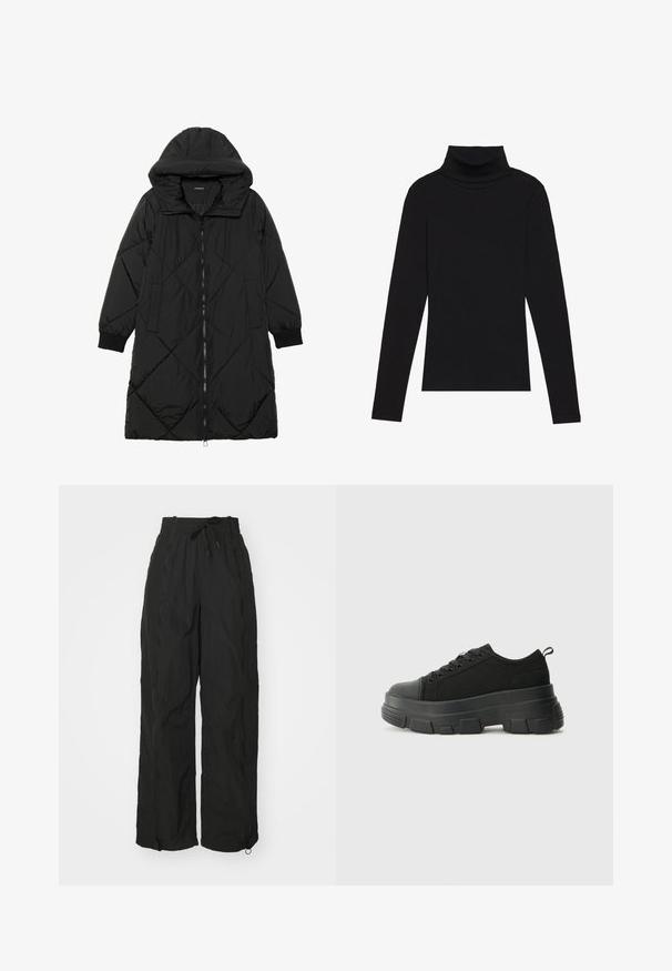 Zwarte gewatteerde pufferjas met een capuchon, voorzien van een ritssluiting, zijzakken en elastische manchetten. Glad, waterafstotend materiaal.; Zwarte turtleneck met lange mouwen, gemaakt van ribbelstof, heeft een aansluitend ontwerp met een hoge hals en geen patronen of accenten.; Zwarte, wijde broek met een lichtgewicht, gestructureerde stof. Voorzien van een elastische tailleband, trekkoorddetail en ritsopeningen bij de enkels.; Zwarte sneakers met een stevige rubberen zool, textiel bovenwerk, ronde neus en vetersluiting. Beschikt over versterkte oogjes en een trekstrip aan de achterkant.