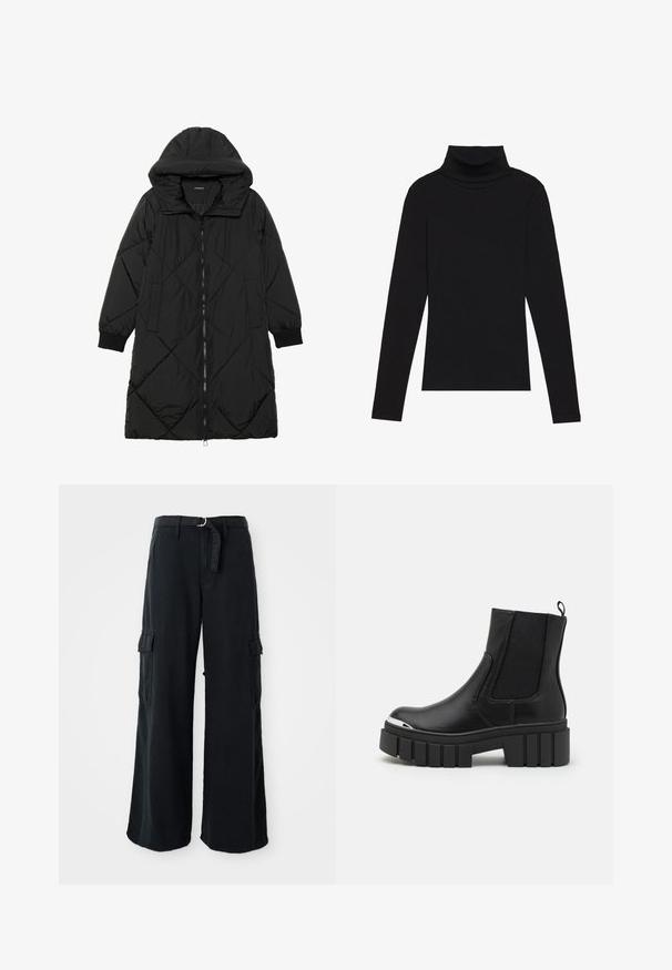 Black quilted puffer coat with a hood, featuring a zip closure, side pockets, and elastic cuffs. Smooth, water-resistant fabric.; Black turtleneck long-sleeve top, made of ribbed fabric, features a fitted design with a high neckline and no patterns or accents.; Black wide-leg cargo pants made of cotton with a tie belt, featuring two side pockets and a smooth fabric texture.; Black ankle boots made of smooth leather with elastic panels, a thick platform sole, and a metallic toe cap.