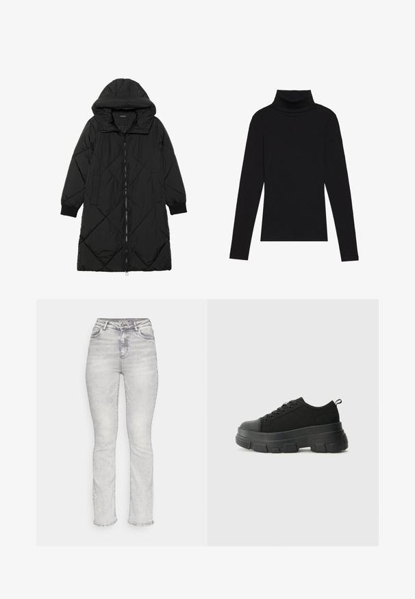 Black quilted puffer coat with a hood, featuring a zip closure, side pockets, and elastic cuffs. Smooth, water-resistant fabric.; Black turtleneck long-sleeve top, made of ribbed fabric, features a fitted design with a high neckline and no patterns or accents.; Light gray denim jeans with a high waist, straight leg design, five-pocket styling, and subtle fading details throughout the fabric.; Black sneakers with a chunky rubber sole, textured fabric upper, round toe, and lace-up design. Features reinforced eyelets and back pull tab.