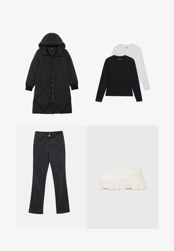 Must-havesinise mustris quiltitudis puffer jakk, millel on kapuuts, tõmblukk, küljetaskud ja elastsed varrukad. Sile, veekindel kangas.; Kaks pikapõlvega särki: üks must ja teine valge. Mõlemal on ümmargune kaelus ja sile, ribateraline tekstuur. Brändi silt on nähtav kaeluse sees.; Mustad sirgedega teksad, millel on esited ja tagakotid, vöörihmadega ja nööpkinnitusega vöökoht.; Valge kangast tennis, millel on paks tald, ümar varvas ja viis augukeed lakkide jaoks. Tagumine silt lihtsaks jalga panemiseks. Sile tekstuur, minimalistik disain.