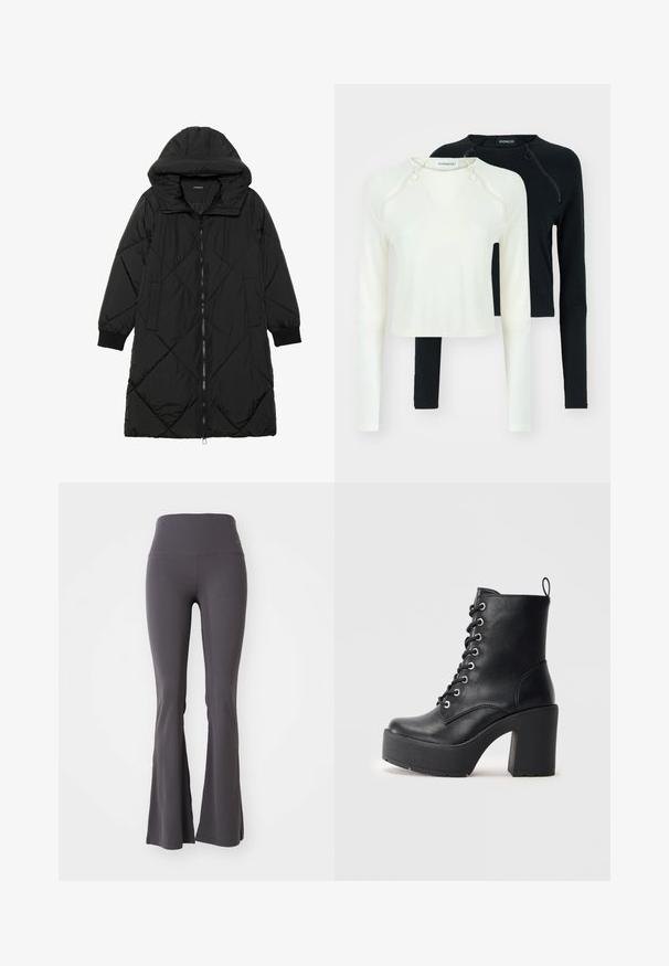 Sort quiltet pufferjakke med hætte, med lynlåslukning, sidelommer og elastiske manchetter. Glat, vandafvisende stof.; To lange ærmeløse bluser, en i hvid og en i sort. Begge har rund hals og dekorative lynlåse på skulderen. Glat stof.; Grå bredde yoga bukser lavet af strækbart stof. Høj talje og glat tekstur, med en tætsiddende pasform ned til bunden.; Sort læder ankelstøvle med en kraftig blokhæl, snørebånd foran og struktureret overflade. Har en flap på bagsiden for nem påtagning.