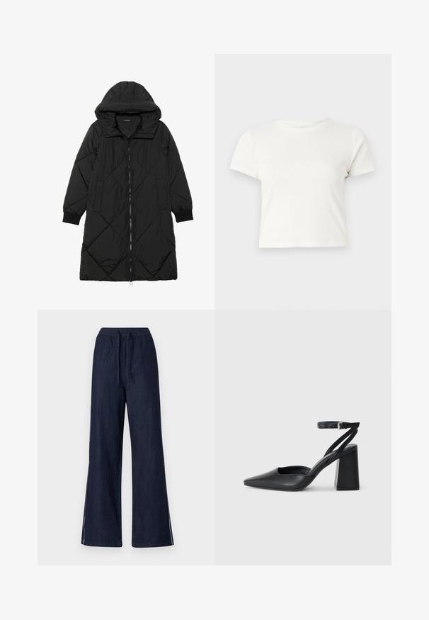Casaco puffer acolchoado preto com capuz, apresentando um fecho de correr, bolsos laterais e punhos elásticos. Tecido suave e à prova d'água.; T-shirt branca curta feita de algodão, com mangas curtas, um decote redondo e uma bainha reta, apresentando uma textura suave e um design minimalista.; Calças de perna larga em denim escuro, com uma cintura elástica e cordão, apresentando riscas brancas em cada perna. Textura suave.; Sandal com biqueira afilada em couro preto, com cinta no tornozelo e salto grosso. Textura lisa, design elegante e estética minimalista.