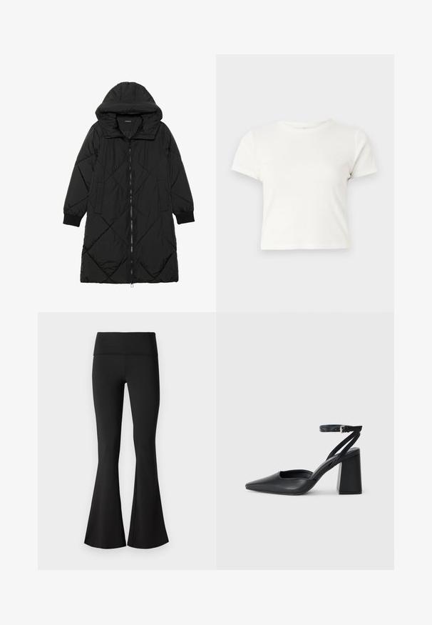 Fekete steppelt pufi kabát kapucnival, cipzáras záródással, oldalsó zsebekkel és elasztikus mandzsettákkal. Simább, vízlepergető anyag.; Rövid, fehér, pamut póló, rövid ujjakkal, kerek kivágással és egyenes szegéllyel, sima textúrával és letisztult dizájnnal.; Fekete, széles, sima derékpánttal ellátott harangszárú leggings. Rugalmas anyagból készült, testhezálló sziluettel, amely a szegélynél szélesedik.; Fekete bőr, hegyes orrú magassarkú cipő boka pánttal és vastag sarokkal. Sima textúra, elegáns dizájn és minimális esztétika.