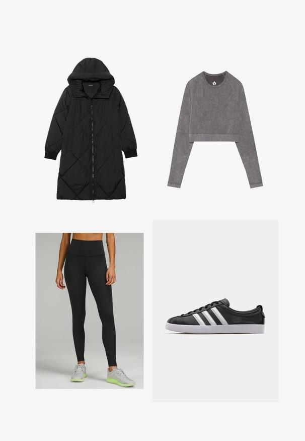 Černá prošívaná péřová bunda s kapucí, vybavená zipovým zapínáním, bočními kapsami a elastickými manžetami. Hladká, voděodolná tkanina.; Šedý žebrovaný dlouhý rukáv crop top s raglánovými rukávy. Má kulatý výstřih a lem, který končí nad pasem.; Vysoké černé legíny vyrobené z elastického materiálu, s hladkým povrchem a přiléhavým střihem. Nosené s světle šedými sportovními botami.; Černé kožené tenisky s bílým trojitým pruhovaným designem, kulatou špičkou, plochou bílou gumovou podrážkou a značkovým detailem na boku.