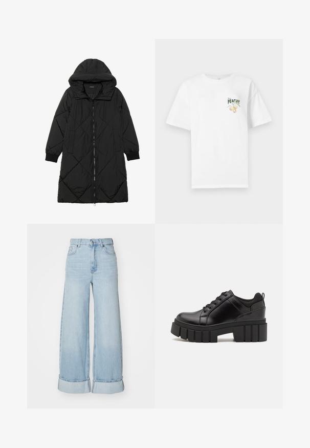 Casaco puffer acolchoado preto com capuz, apresentando um fecho de correr, bolsos laterais e punhos elásticos. Tecido suave e à prova d'água.; T-shirt de algodão branco com um corte descontraído, apresentando uma imagem em verde e pêssego com o texto "Só Pêssego" na frente. Mangas curtas.; Jeans de perna larga azul claro com cintura alta, bainhas dobradas e textura de denim clássica. Apresenta bolsos frontais e fecho com zíper.; Sapatos de plataforma em couro preto com um salto bloco robusto, bico redondo e design clássico de atacadores. Apresentam uma textura suave e detalhes mínimos.