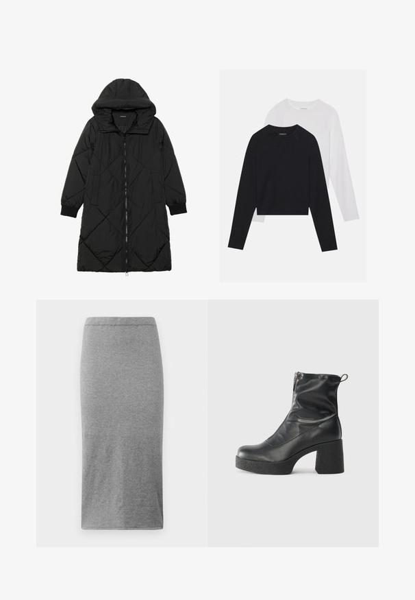 Manteau matelassé noir avec capuche, doté d'une fermeture éclair, de poches latérales et de poignets élastiques. Tissu lisse et résistant à l'eau.; Deux chemises à manches longues : une noire et une blanche. Les deux présentent un col rond, des manches raglan et un tissu doux en mélange de coton.; Jupe grise, longueur genou, fabriquée en tissu doux et extensible. Présente un design simple et près du corps avec une taille élastique et une texture lisse.; Bottes noires à la cheville en cuir lisse, dotées d'une fermeture éclair sur le côté, d'un talon épais texturé et d'une conception à bout rond.