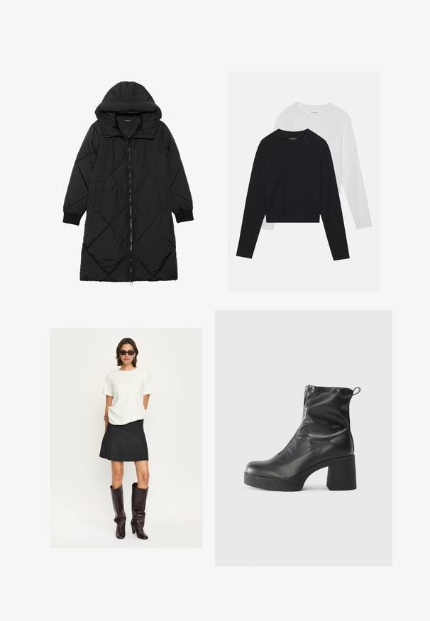 Czarna pikowana kurtka puchowa z kapturem, z zapięciem na zamek, bocznymi kieszeniami i elastycznymi mankietami. Gładki, wodoodporny materiał.; Dwie koszule z długim rękawem: jedna czarna, a druga biała. Obie mają okrągły dekolt, rękawy raglanowe i miękką bawełnianą tkaninę.; Biała bluzka z krótkim rękawem w połączeniu z czarną mini spódnicą w kształcie dzwonu oraz błyszczącymi ciemnobrązowymi kozakami do kolan. Całość charakteryzuje się czystymi liniami i teksturami.; Czarne botki za kostkę wykonane z gładkiej skóry, wyposażone w boczny zamek błyskawiczny, masywny teksturowany obcas oraz zaokrąglony czubek.