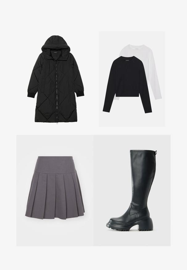 Fekete steppelt pufi kabát kapucnival, cipzáras záródással, oldalsó zsebekkel és elasztikus mandzsettákkal. Simább, vízlepergető anyag.; Két hosszúujjú póló: az egyik fekete, a másik fehér. Mindkettő kerek nyakú, raglán ujjal és puha pamutkeverék anyaggal készült.; Vero Moda VMBAYA SHORT SKIRT - A-vonalú szoknya - asphalt; Magas fekete bőrcipő, vastag platform talppal és blokk sarokkal, húzófüllel és texturált profillal az outsole-on.