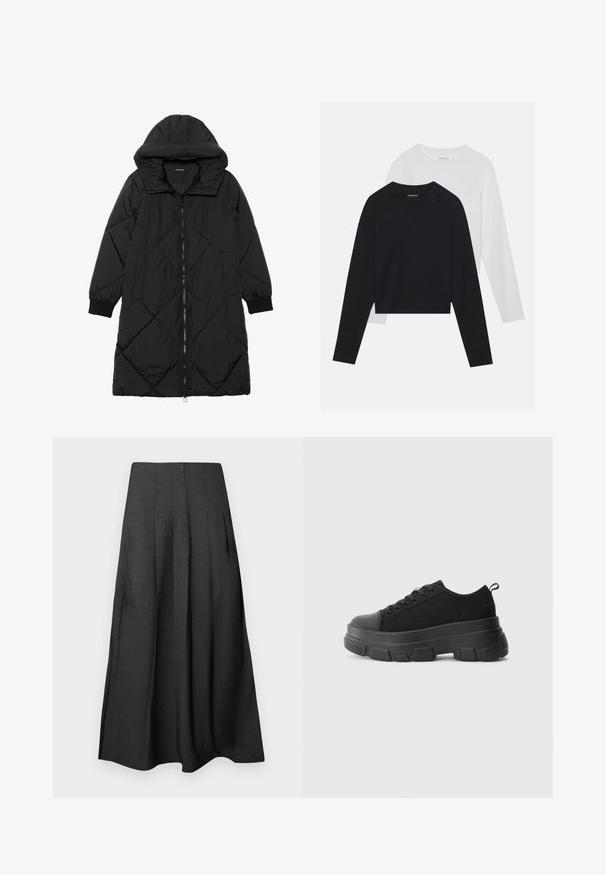 Melnas quiltētas pūkara mētelis ar kapuci, ar rāvējslēdzēja aizdari, sānu kabatām un elastīgām aprocēm. Gluda, ūdensizturīga auduma.; Divas garām piedurknēm krekli: viens melns un viens balts. Abiem ir apaļa izgriezne, raglanu piedurknes un mīksta kokvilnas maisījuma audums.; Melns, pleidots midi svārki, izgatavoti no viegla auduma ar gludu tekstūru; tiem ir sānu kabatas un plūstoša silueta.; Melnas kedas ar masīvu gumijas zoli, teksturētu auduma augšdaļu, apaļu purngalu un saistīšanas dizainu. Iekļautas pastiprinātas acs atveres un aizmugurējais cilpiņas siksniņa.